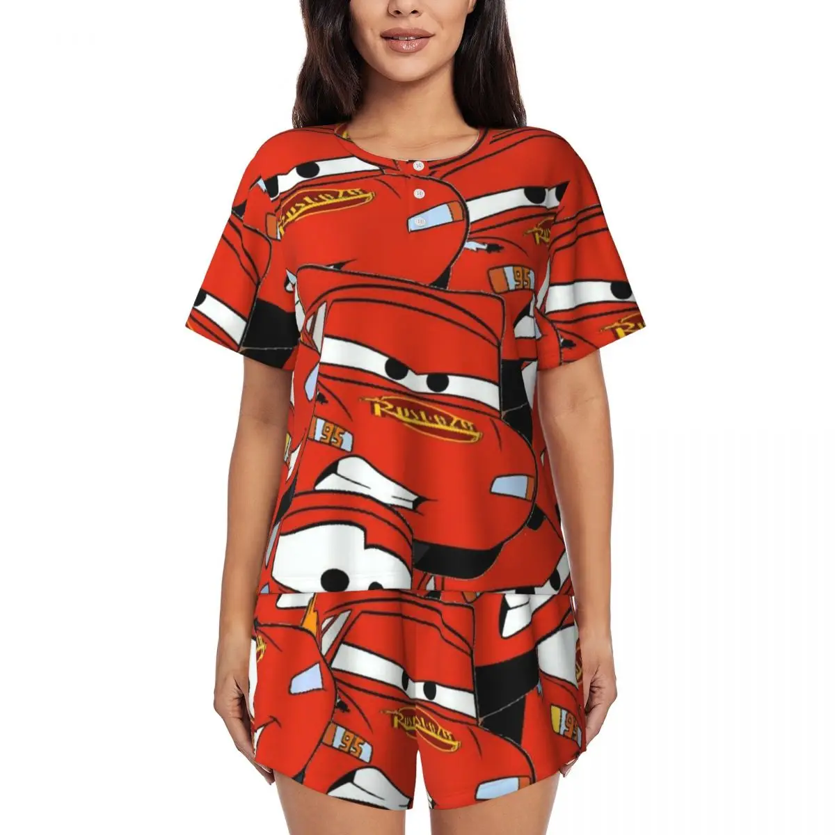 

Custom Print Women's Lightning Mcqueen Cars Pajamas Set Short Sleeve 2 Piece Sleepwear Pj Lounge Sets