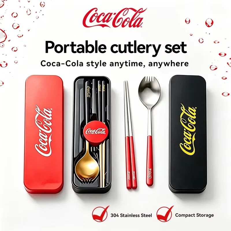 Coca-Cola 2-in-1 Portable Cutlery Set, 304 Stainless Steel Spoon & Fork Combo For Travel Camping Office Lunch Christmas Gift Box