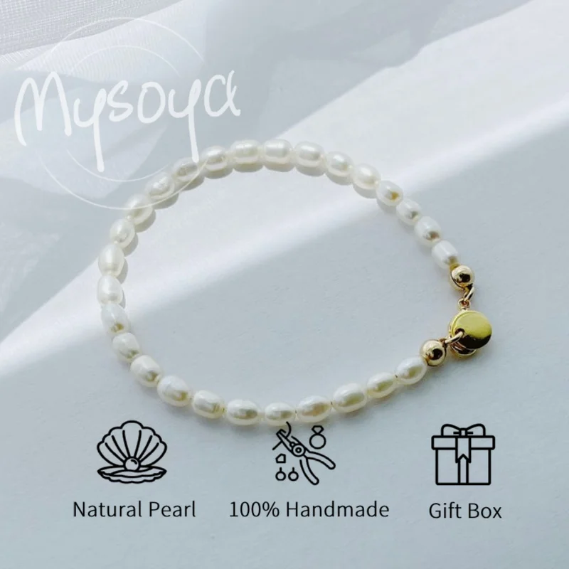 

MYSOYA 5-6 мм браслет из натурального белого риса с пресноводным жемчугом для женщин и мужчин с подарочной коробкой, ювелирные изделия на свадьбу, день рождения, подарок