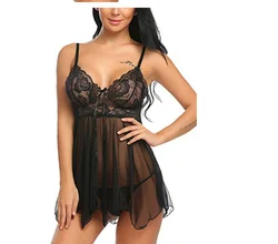 Sexy Low Cut Breast Mesh See Through Lace Lingerie Sleepwear Exotic Dress Female Underwear Nightgown T-String Pajamas Garter