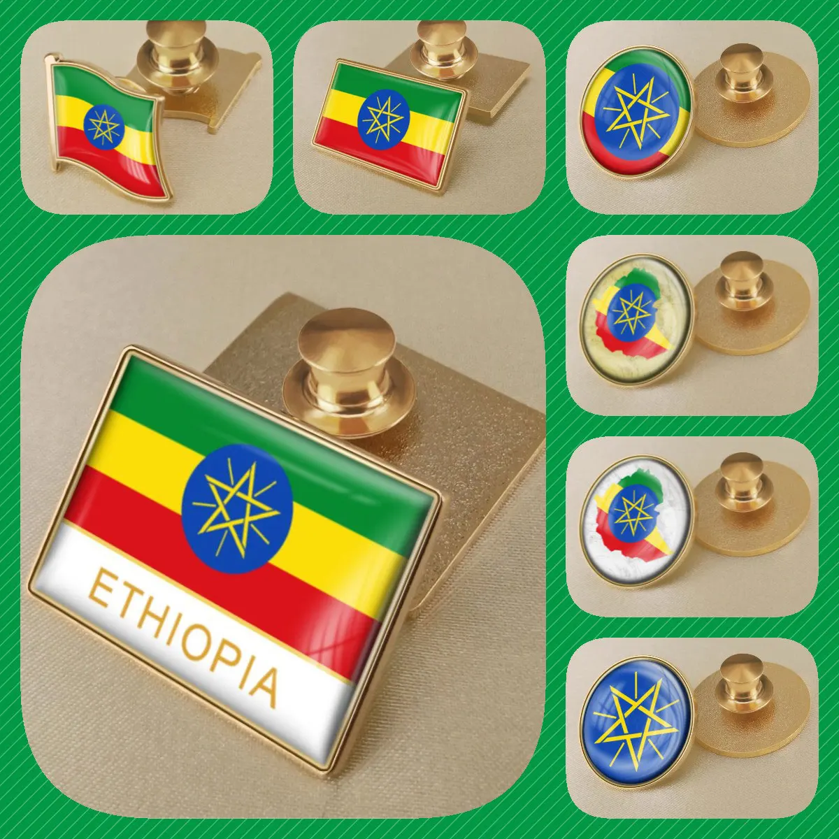 Ethiopia Ethiopians Map Flag National Emblem National Flower Brooches Badges Lapel Pins