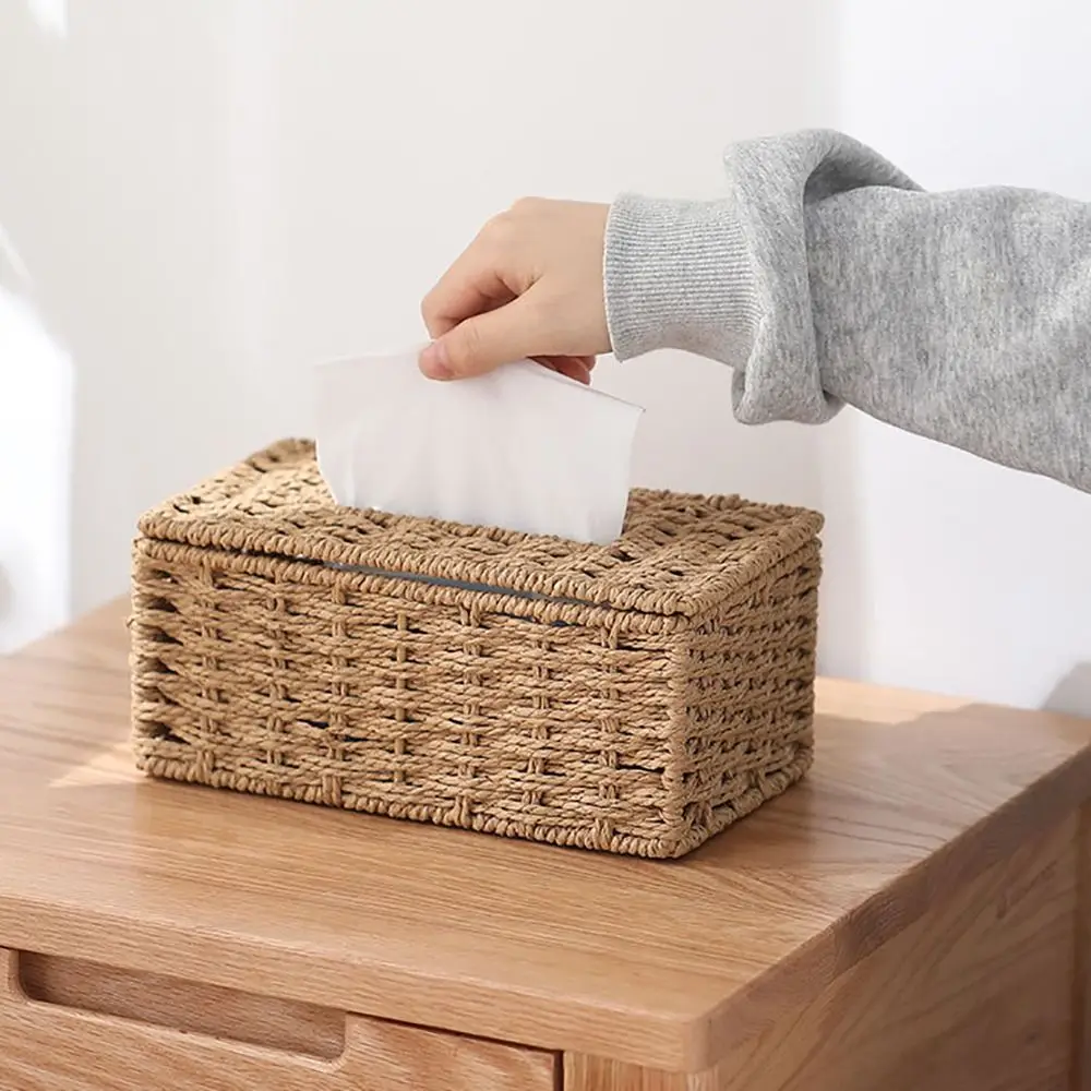 Creative Imitation Rattan Woven Tissue Box Large Capacity Vintage Paper Towel Box Tissue Storage Organizer Dining-table