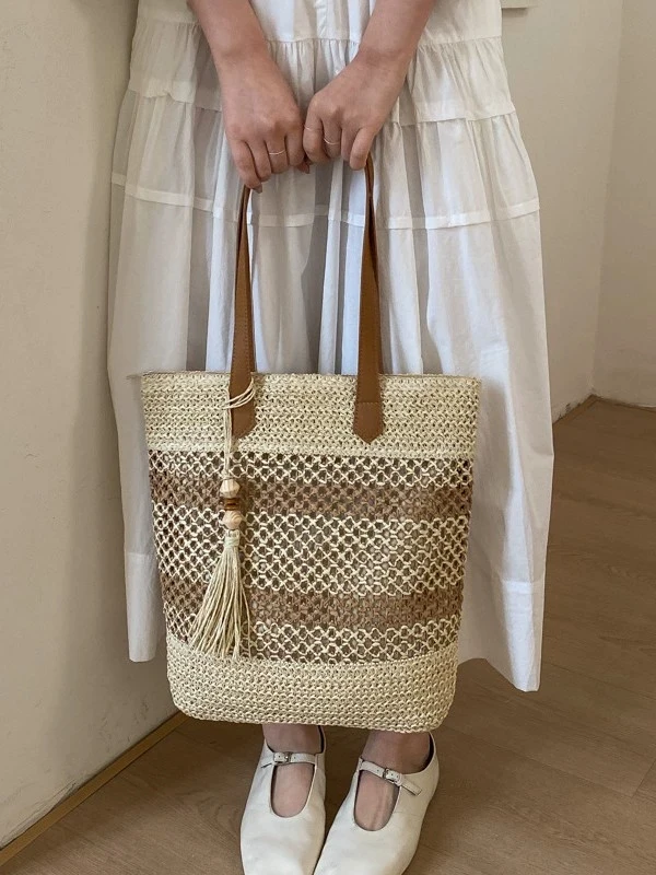 2026 Sweet Style Handbag Tote Bag Women's Spring New Straw Woven Hollow-Out Shoulder Bag Color Block Underarm Bag