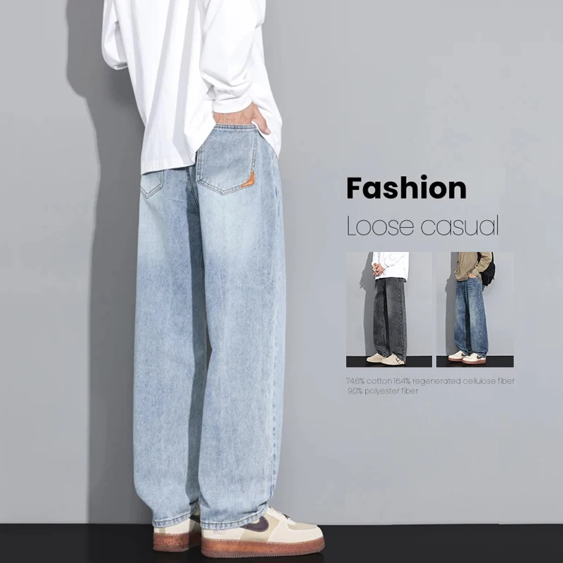 

Korean Straight Jeans Men's Autumn New Fashion Embroidered Label Vintage Denim Trousers Male Casual Solid Color Pants