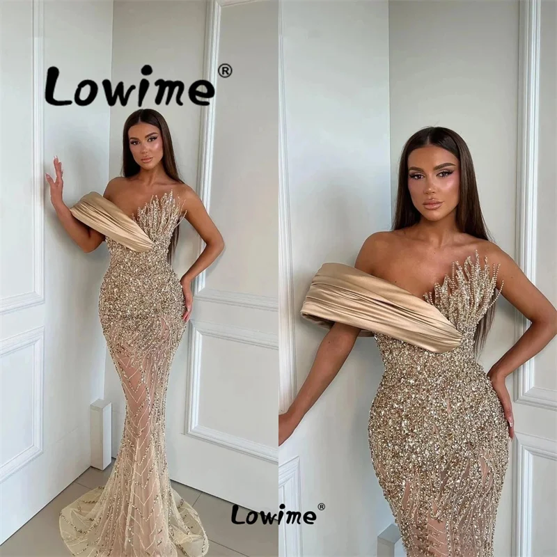 2024 Aso Ebi Champagne Mermaid Prom Dress Beaded Off Shoulder Evening Formal Party Birthday Engagement Gowns Robes Customized