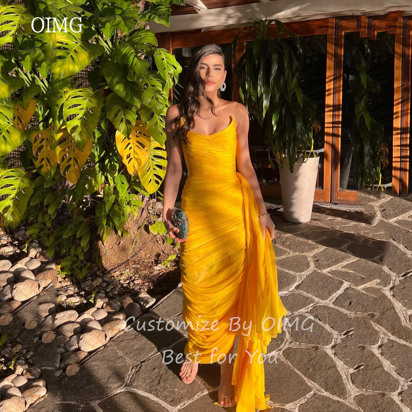 

OIMG Flowy Gold Strapless Mermaid Prom Gowns Backless Pleated Formal Party Gown Side Tail Ankle Length Evening Dress Customized