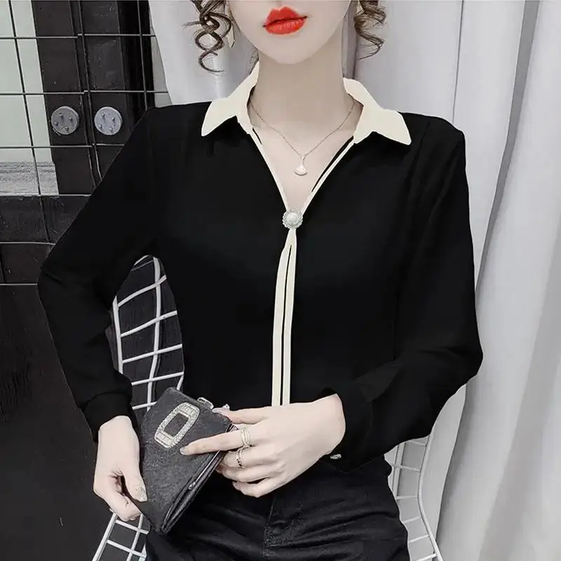 Spring Autumn New Fashion V-neck Long Sleeve Shirts Women's Clothing Patchwork Loose Versatile Pleated Drawstring Korean Blouses