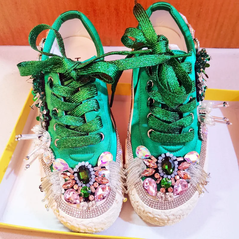 New Rhinestone Tassel Canvas Women Casual Flat Board Sports Green Crystal Decoration Strap Bright Sneakers Comfortable Walking