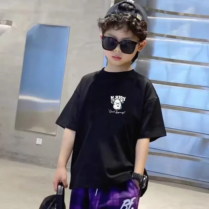 Literacki krótki rękaw prosty okrągły dekolt leniwy Trend odzież dziecięca letnia prosta rurka t-shirt nowy Trend w modzie
