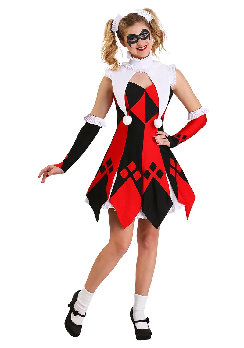 Robe de Clown Joker pour Femme Adulte, Costume de Cosplay d'Halloween, Tenue Harley, Quinn Maléfique, Tenue Fantaisie de Barrage