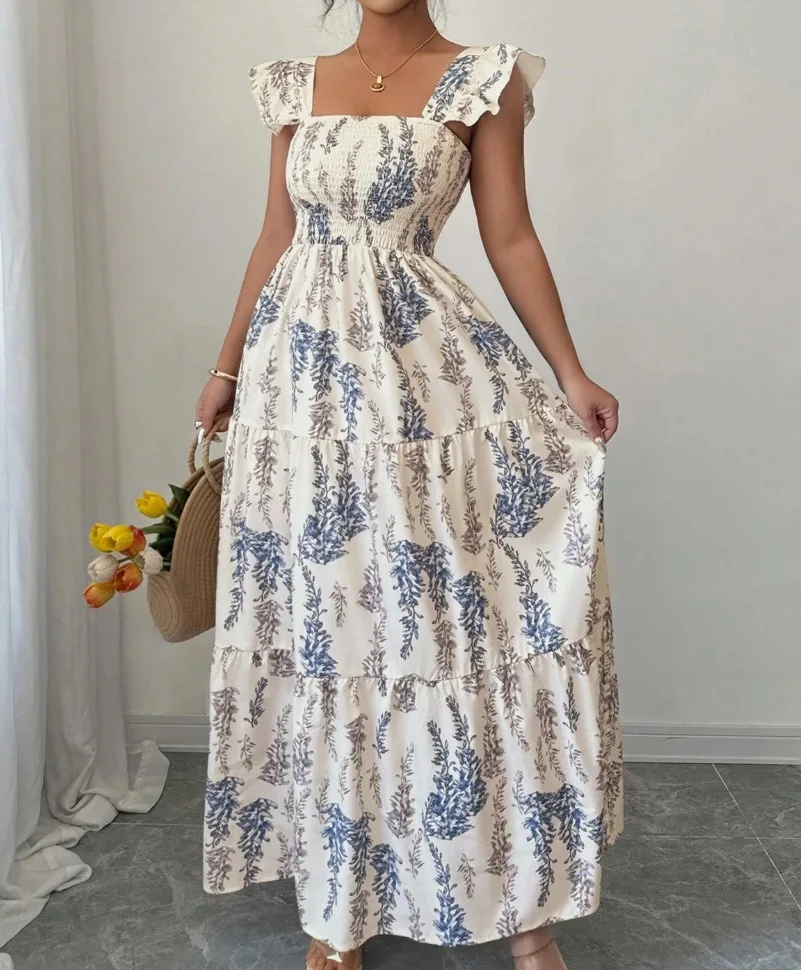 Damen-Maxikleid mit blauem Farnmuster, Boho-Stil, quadratischer Ausschnitt, Rüschenärmel, gesmoktes Sommerkleid für lässige Urlaubskleidung – Detail 5