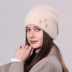 Angora Hat Women Winter Knit Beanie Rhinestone Double Layer Warm Accessory For Cold Weather Autumn Sports Skiing Outdoor Holiday