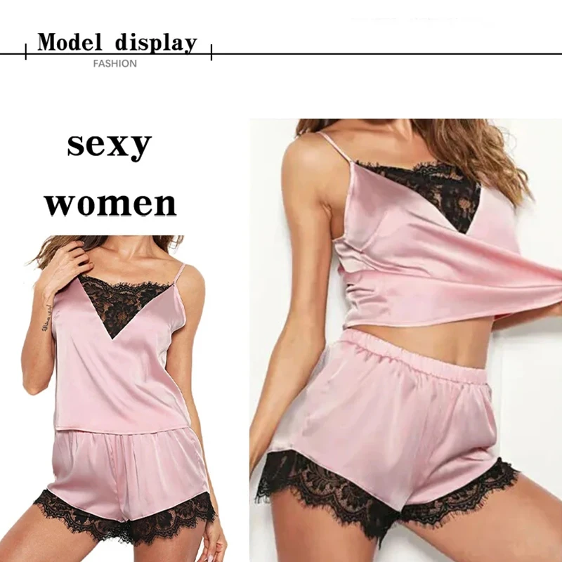 Women Ice Silk Pajamas Sleepwear Pajama Set Nightgowns Nightdress Camisole Shorts Black Red L XL Lace Casual Sexy Smooth