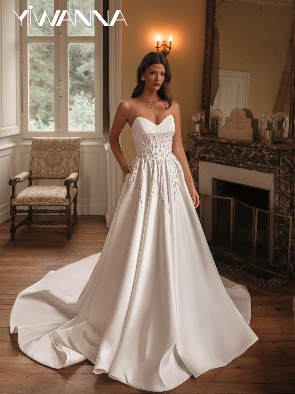 

Sparkly Pearls A-line Satin Long Wedding Dress Romantic Sweetheart Neck Bridal Gown Customized Open Back Dresses For Bride