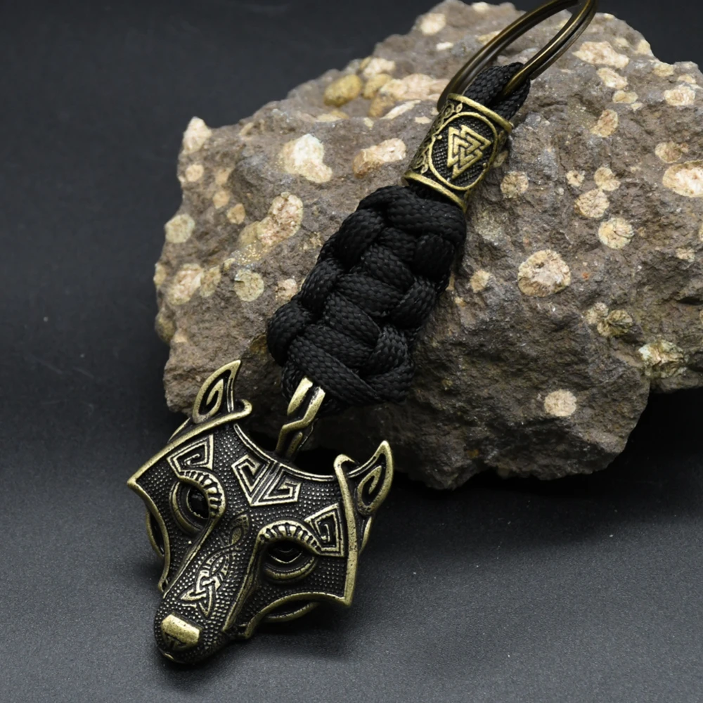 Nordic Mythology Wolf Head Keychain Men\'s Retro Handmade Survival Rope Lanyard Pendant Keyring Vikings Runes Vegvisir Jewelry