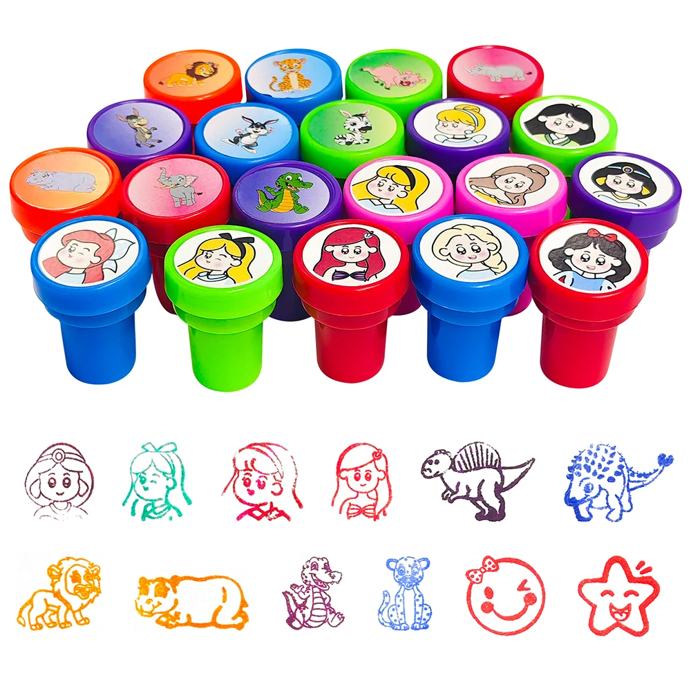10Pcs Assorted Stamps for Kids Self-Ink Stamps with Princess Zoo Animal Dinosaur Designs for Birthday Party Favor Carnival Prize