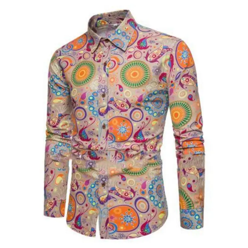 Fashion Paisley Floral Print Men\'s Shirts Vintage Style Lapel Button-Up Long Sleeve Tops Hip Hop Men/Women Casual Party Clubwear