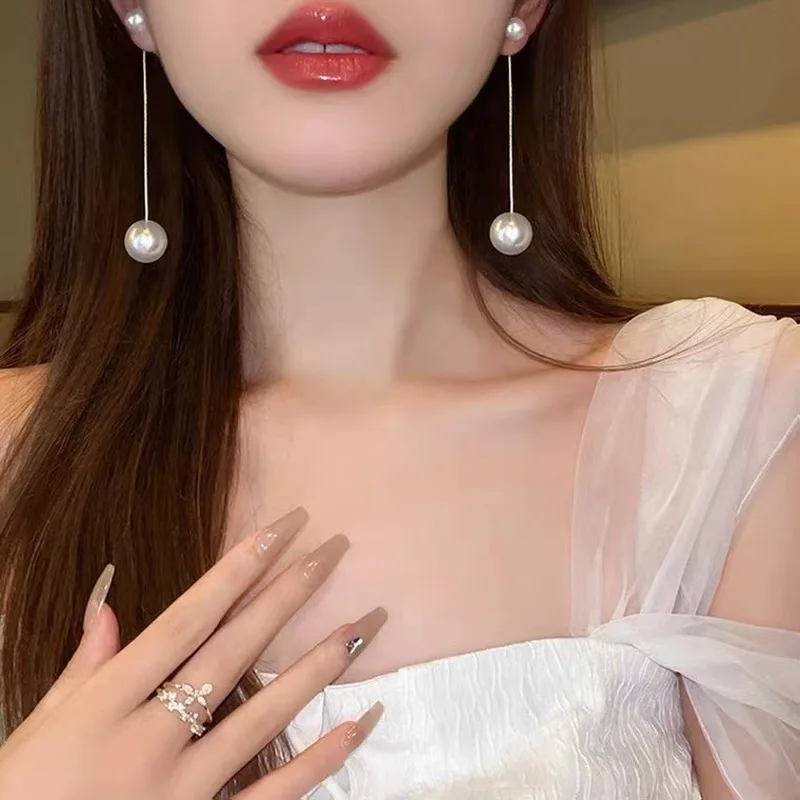 2026 New Korean Dongdaemun Large And Small Pearl Long Tassel Earrings High End Stylish Celebrity Inspired Fashion Jewelry For Wo