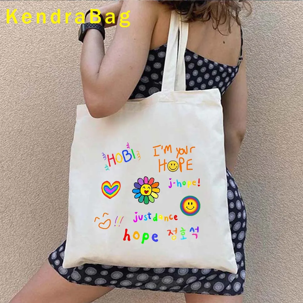 Cute Korean Food KPOP Art Lover Gift Funny Jimin Meme Ins Purple Heart Seoul Shopping Canvas Totes Bag Harajuku Shopper Handbags