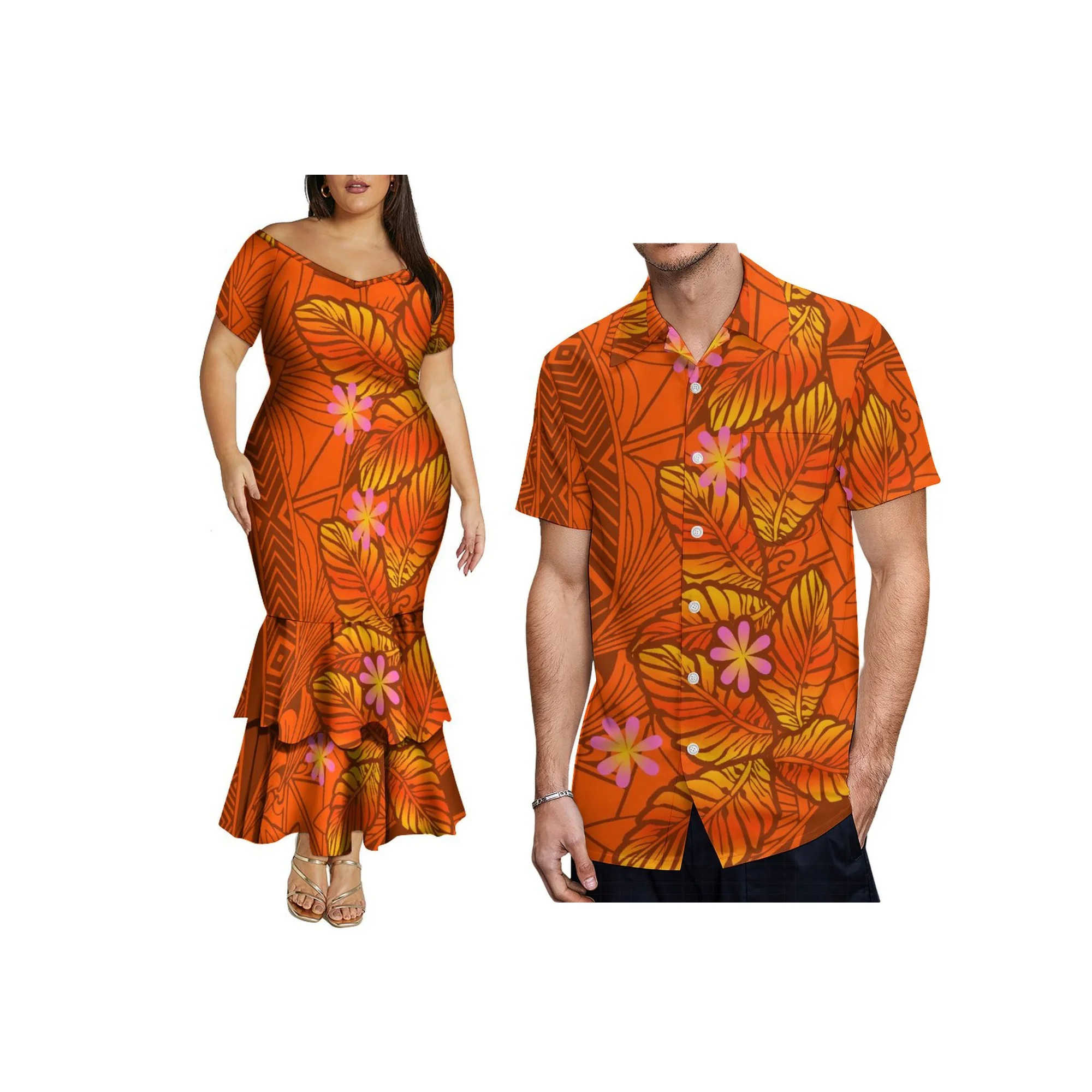 Nueva fábrica, venta al por mayor, ropa personalizada para parejas, diseño samoano, vestido de cola de pez con hombros descubiertos, camisa de secado rápido para hombres de talla grande