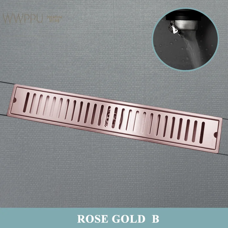 WWPPU Stainless Steel Shower Drain Bathroom Rose Gold Rectangle Anti-odor Filter Hair Catcher Waste Grates Floor Drain 600MM