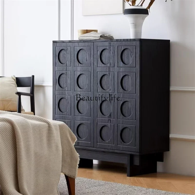 

Z.Black solid wood dining side cabinet, living room wall storage chest