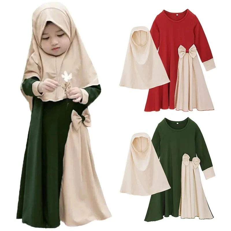 

Ins Style Muslim Girls Abaya Dress Prayer Robe Jilbab for Baby to Kids 1-10Y Islamic Burka With Hijab Bow Contrast Color