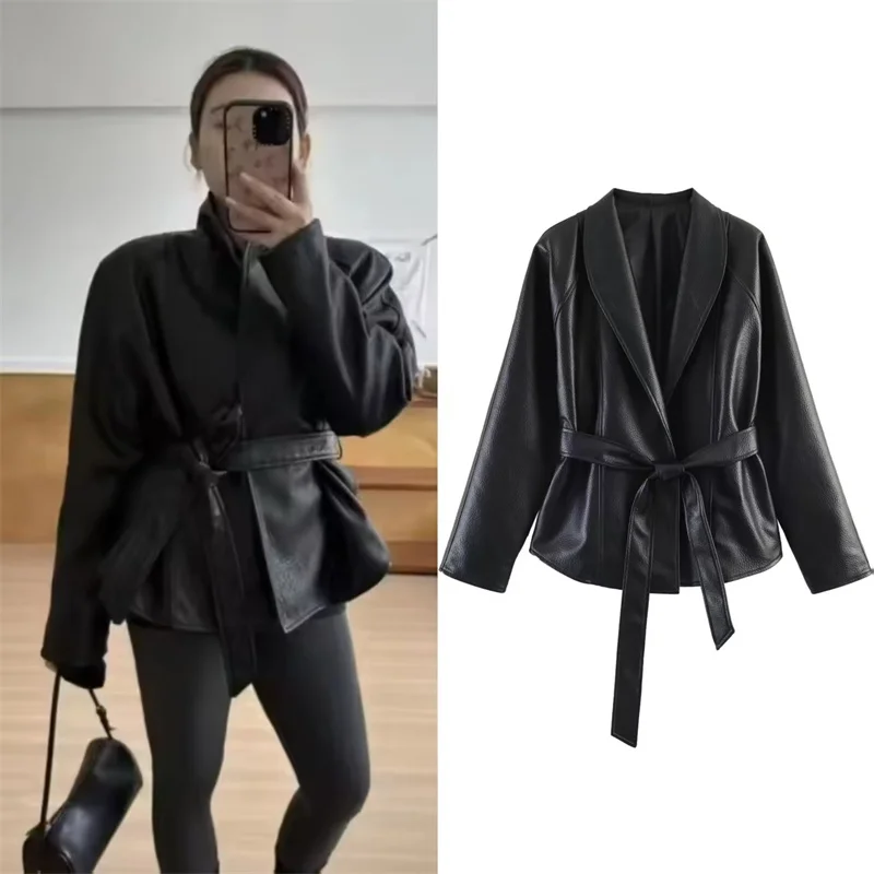 

Women's Jacket 2026 Summer New Black Long Sleeve Faux Leather with Belt Decorative Motorcycle Style Jacket Fashionable
