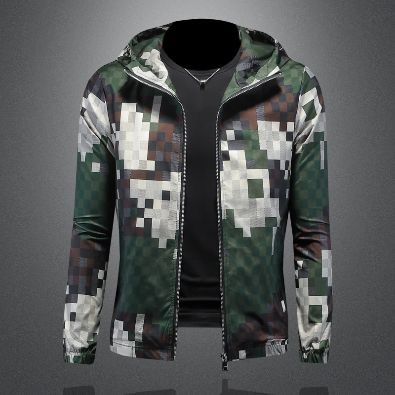 Slim fit hooded zipper baseball jacket, stylish camouflage checkered design jacket, high-quality handsome men's jacket