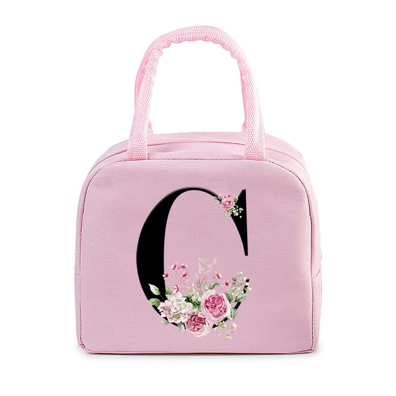 Pink Aesthetics Insulated Lunch Bags Vintage Flower 26 Alphabet Women Men Lunch Picnic Food Cooler Bag Lunch Box Storage Bag