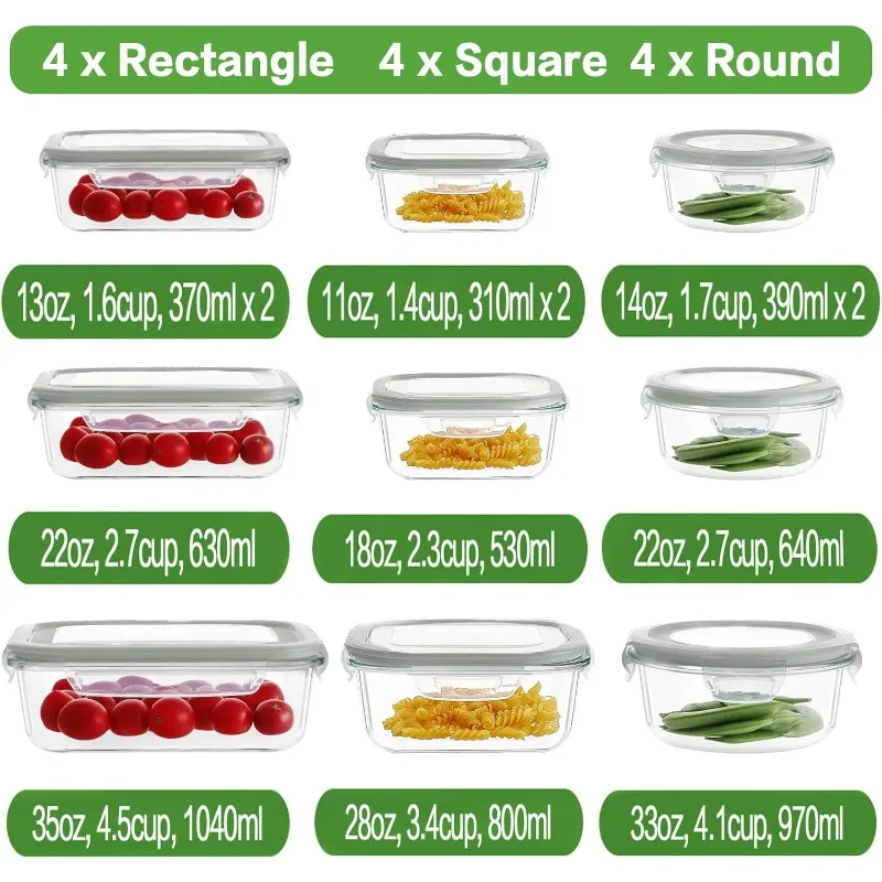 24pc Glass Food Storage Containers with Lids, Glass Meal Prep Containers, Airtight Glass Bento Boxes, BPA Free & Leak Proof