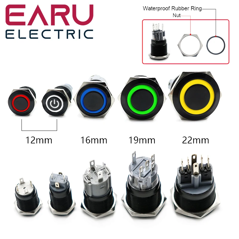 12/16/19/22mm Waterproof Metal Push Oxidized Black Button Switch Latching Momentary LED Light Power Switch 5V 12V 24V 220V