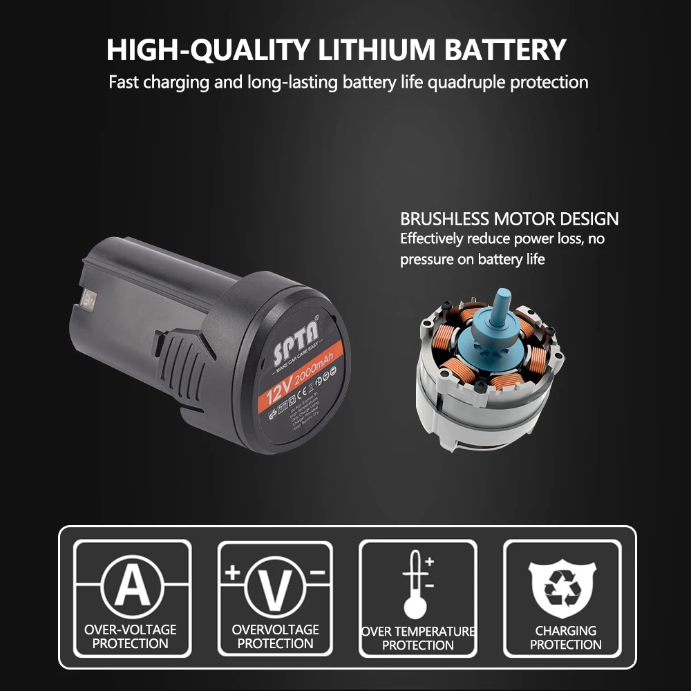 SPTA  Original 12V 2000mAh Lithium ion Rechargeable Battery For SPTA 12V Cordless Buffer Polisher 8mm DA Polisher SPTA-LD601