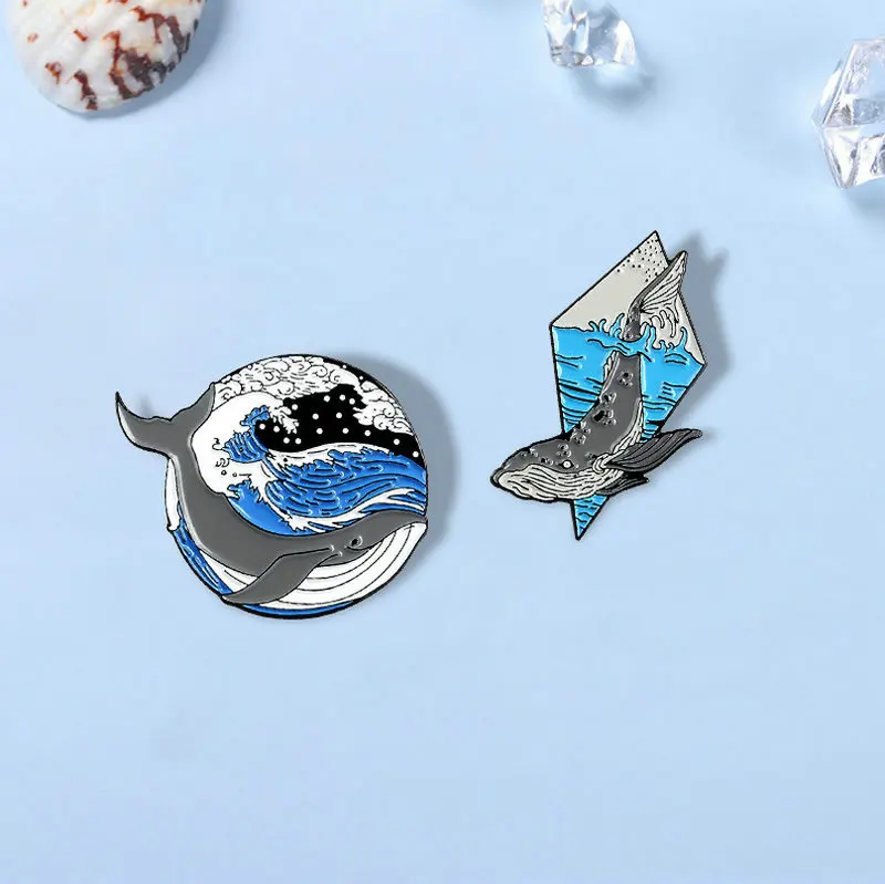 Whale and Ocean Enamel Pins Custom Marine Animal Brooches Lapel Pin Shirt Bag Deep Sea Badge Freedom Jewelry Gift for Friends