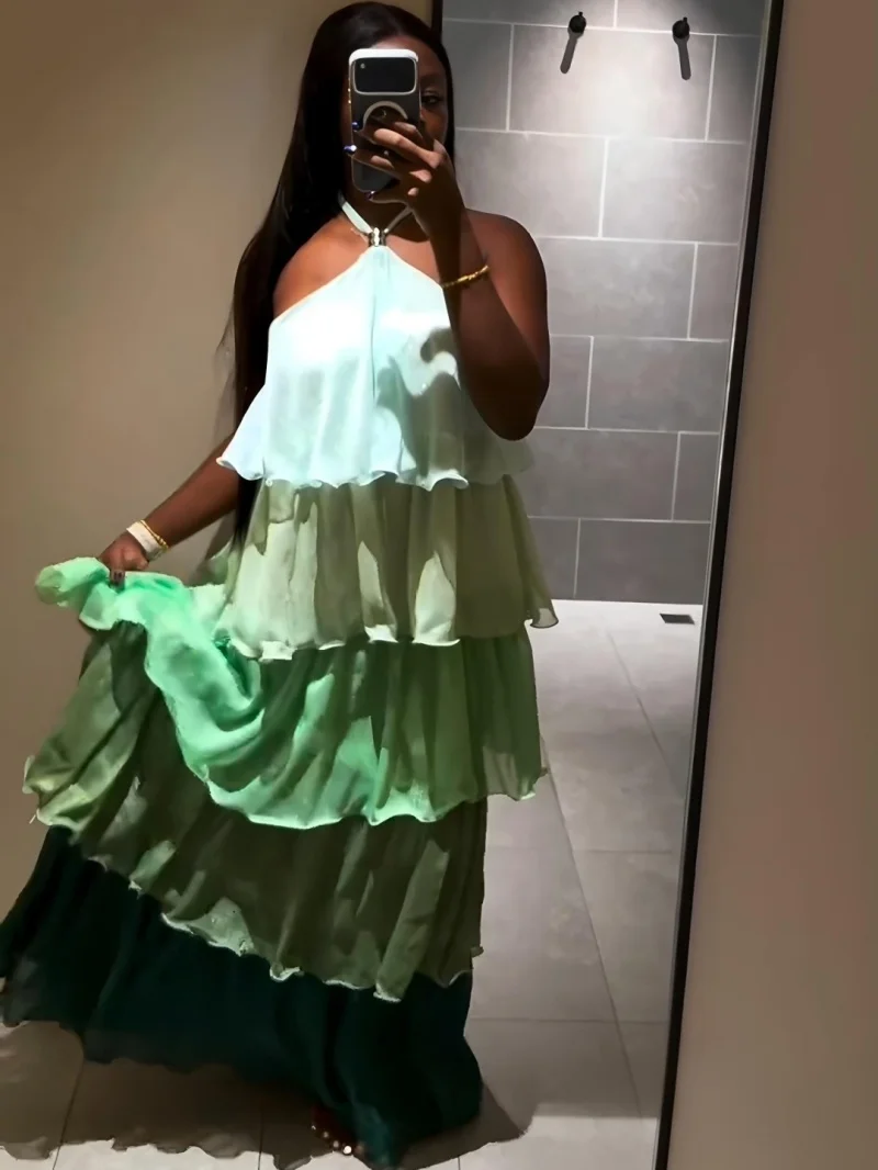 Fashion Colorblock Cake Dress Summer Clothes Women Sleeveless Backless Halter Maxi Long Dresses Holiday Evening Party Club Dress