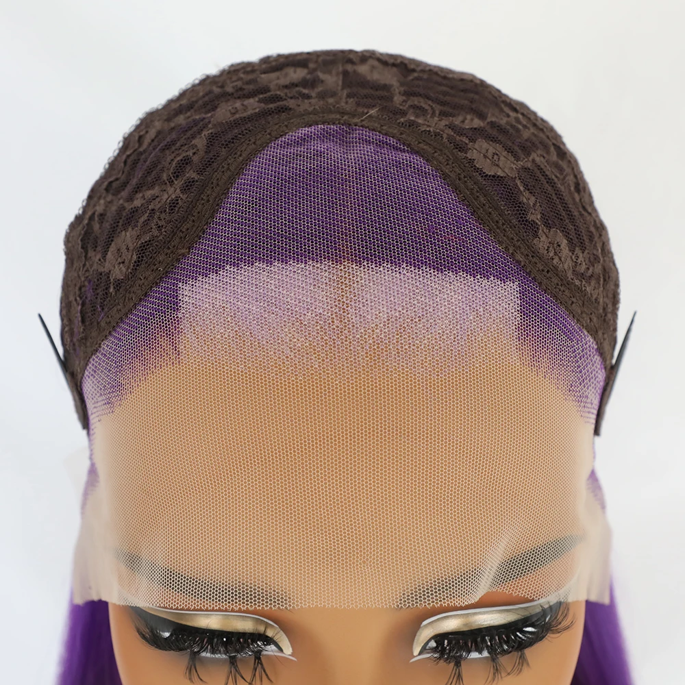 13*3 Purple Synthetic Lace Front Wigs Heat Resistant Fiber Hair Long Straight Hair Wigs Skunk Stripe Light Purple Highlights
