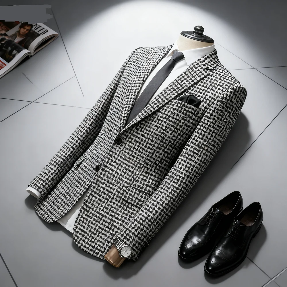 

Мужской приталенный смокинг с узором «гусиные лапки», пиджак в американском стиле для свадьбы, клетчатый костюм, пиджак с лацканами, цельный