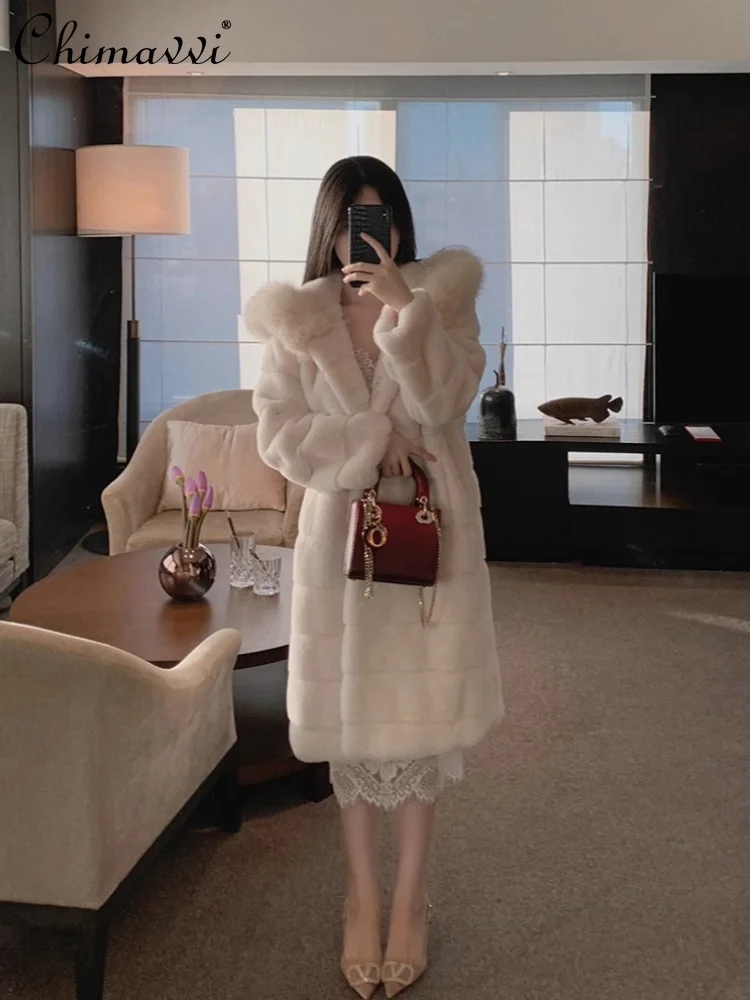 خريف شتاء جديد الراقية موضة الثعلب الفراء طوق طويل مقنعين معطف الفرو فضفاض أنيق دافئ تقليد فرو المنك سترة للنساء