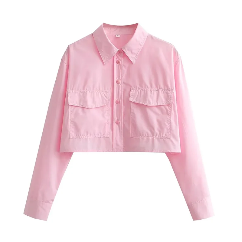 TRAF Cropped White Shirt donna Summer Pink Crop Top donna camicette a maniche lunghe per donna 2024 Button Up camicia Casual da donna