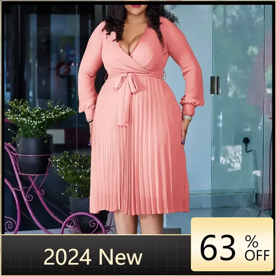 Plus Size Spring New Solid Color Matching Belt V-Neck 3/4 Sleeves Fashion Commuting Slim Fit Mid Length Elegant Style Dress