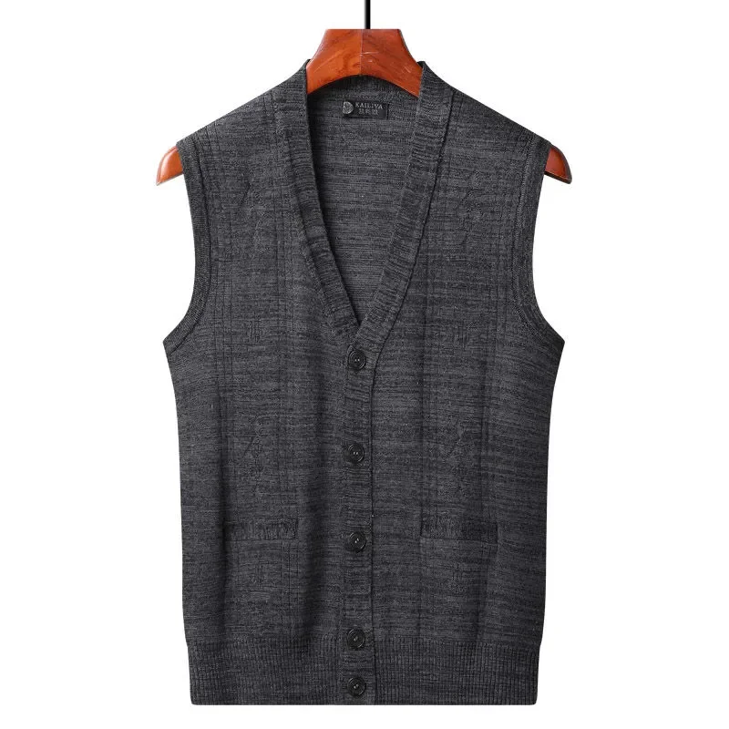 Men V Neck Knit Vest Thin Button Cardigan Sleeveless Waistcoat For Middle Aged Elderly Spring Autumn