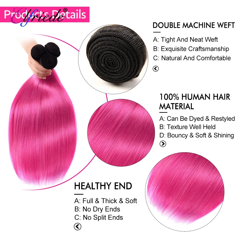 Pacotes de cabelo pré-colorido reto com frontal, 100% cabelo humano, costurar em tramas, 3 pacotes com renda frontal, 1B rosa vermelha, 13x4