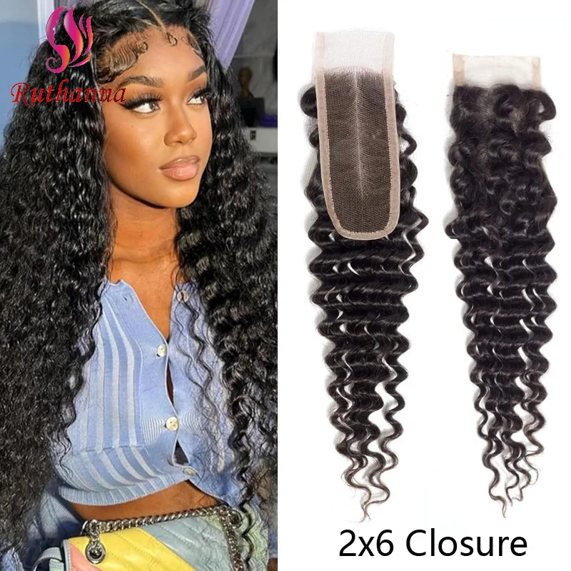 2 × 6 レース閉鎖ディープウェーブ 100% 人毛事前摘み取られた生え際ブラジルバージンヘアソフト透明レース閉鎖女性のための