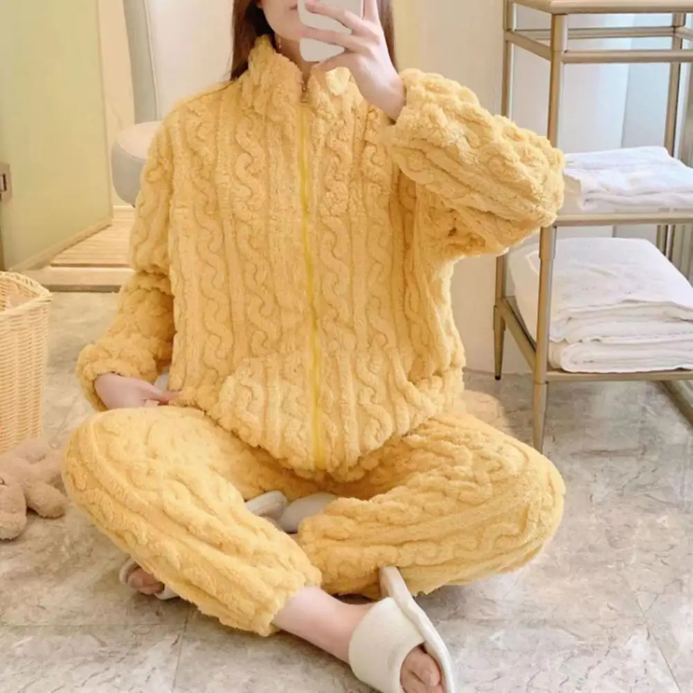 Autumn Women Solid Warm 2 Piece Sets Thicken Velvet Jacquard Flannel Set Pullover And Pants Women Casual Pajama 2025 Clothes