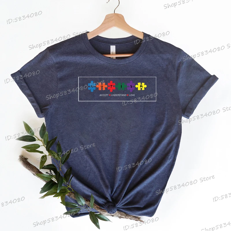 تي شيرت لدعم التوحد هدية لمعلم التعليم الخاص يقبل فهم الحب جرافيك تي شيرت للتوعية بالتوحد تي شيرت أساسي