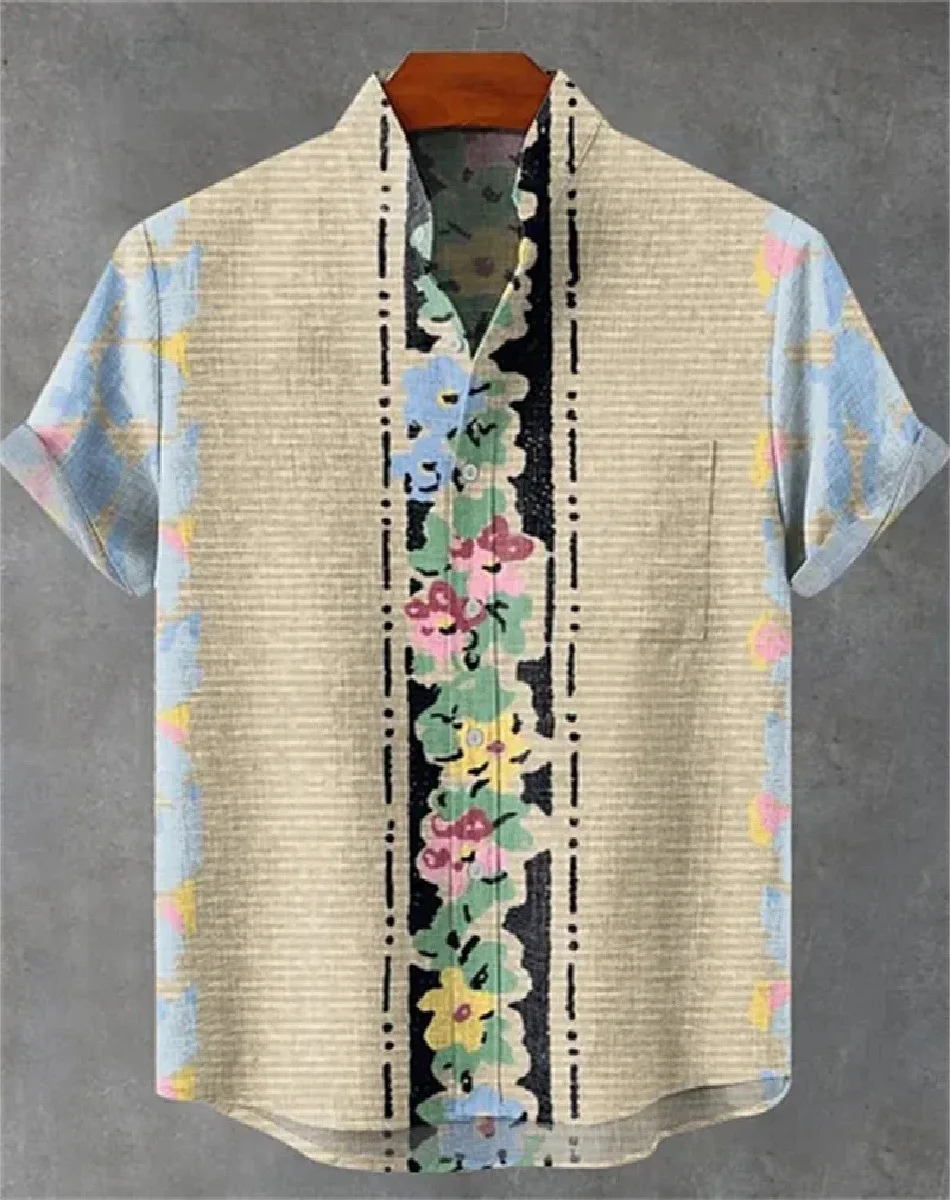 New casual shirt men's linen short sleeved top printed design fashionable street style fashionable Hawaiian button top
