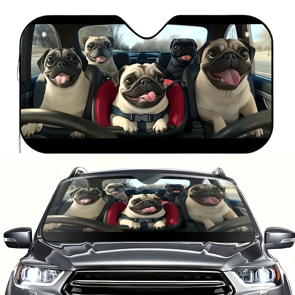 

1pc Dog Lover'S Car Sunshade - Foldable, Easy Install With 4 Suction Cups, Keeps Car Cool, Features Fun Pug Driving Scene, Ideal