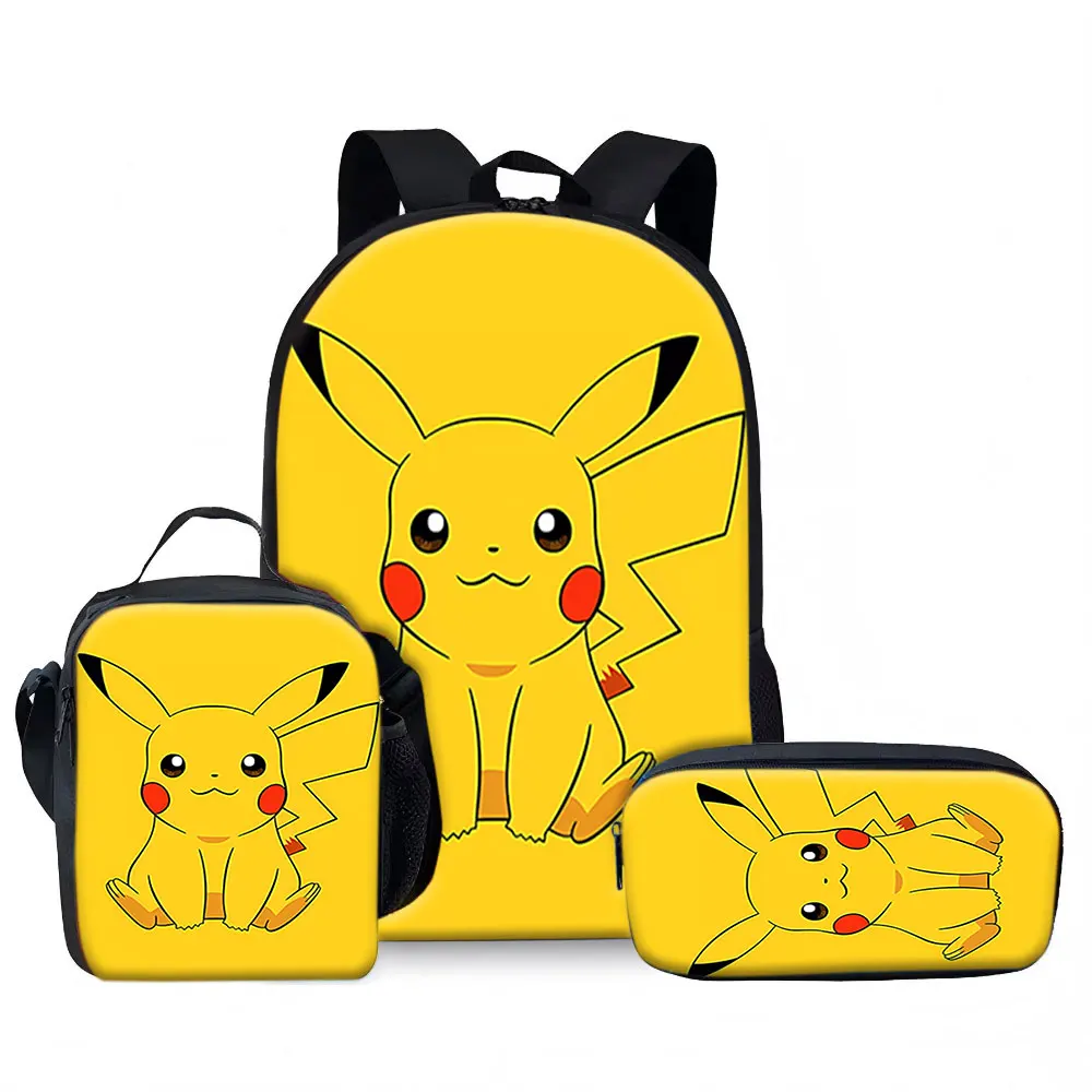 Kids Bag Pikachu 3pcs Backpack Set Cartoon Yellow Printed School Bags for Children Lightweight Travel Luggage with Lunch Box