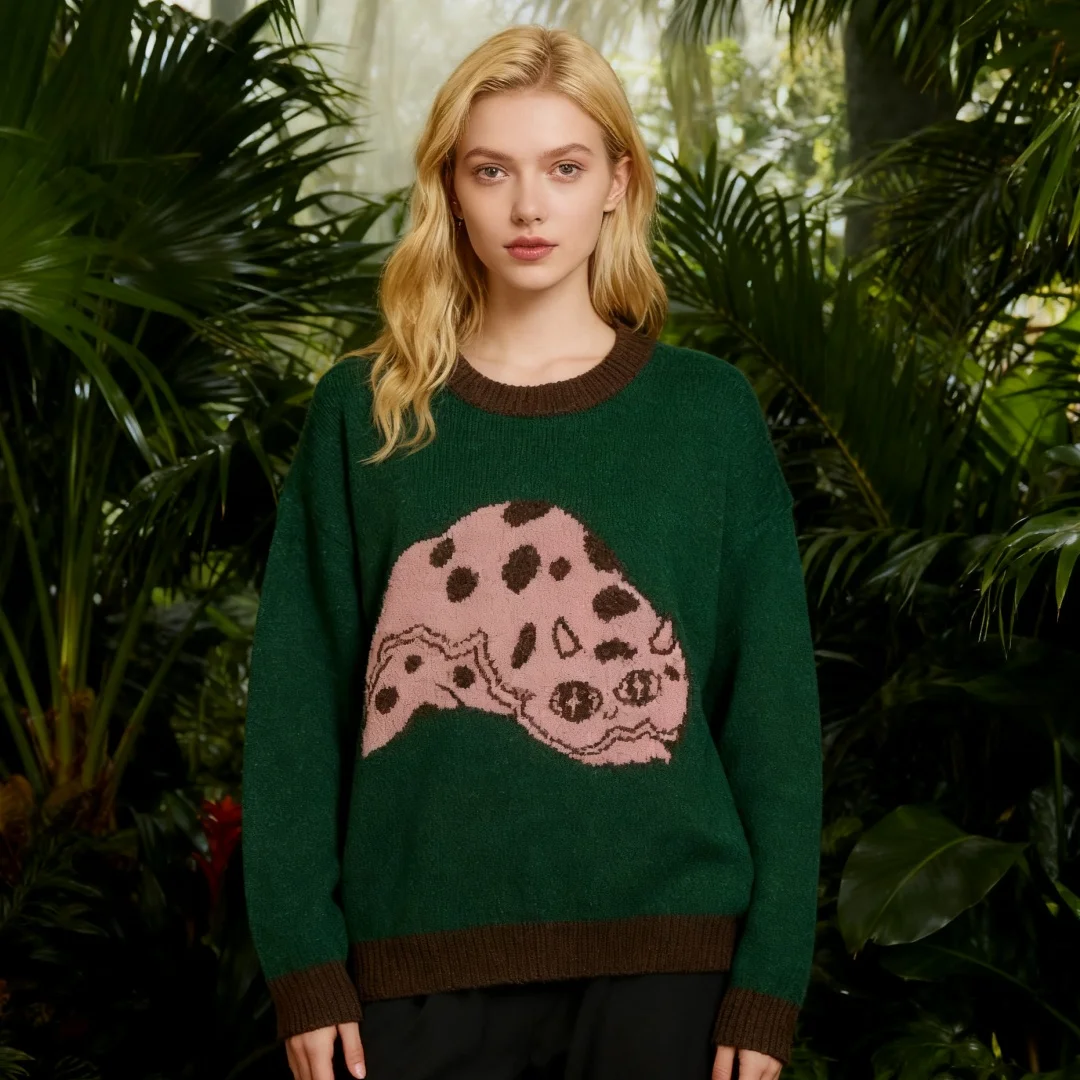 

Retro Green Knitted Sweater Women's Round Neck Long Sleeve Fashionable Innovative Style Autumn Top