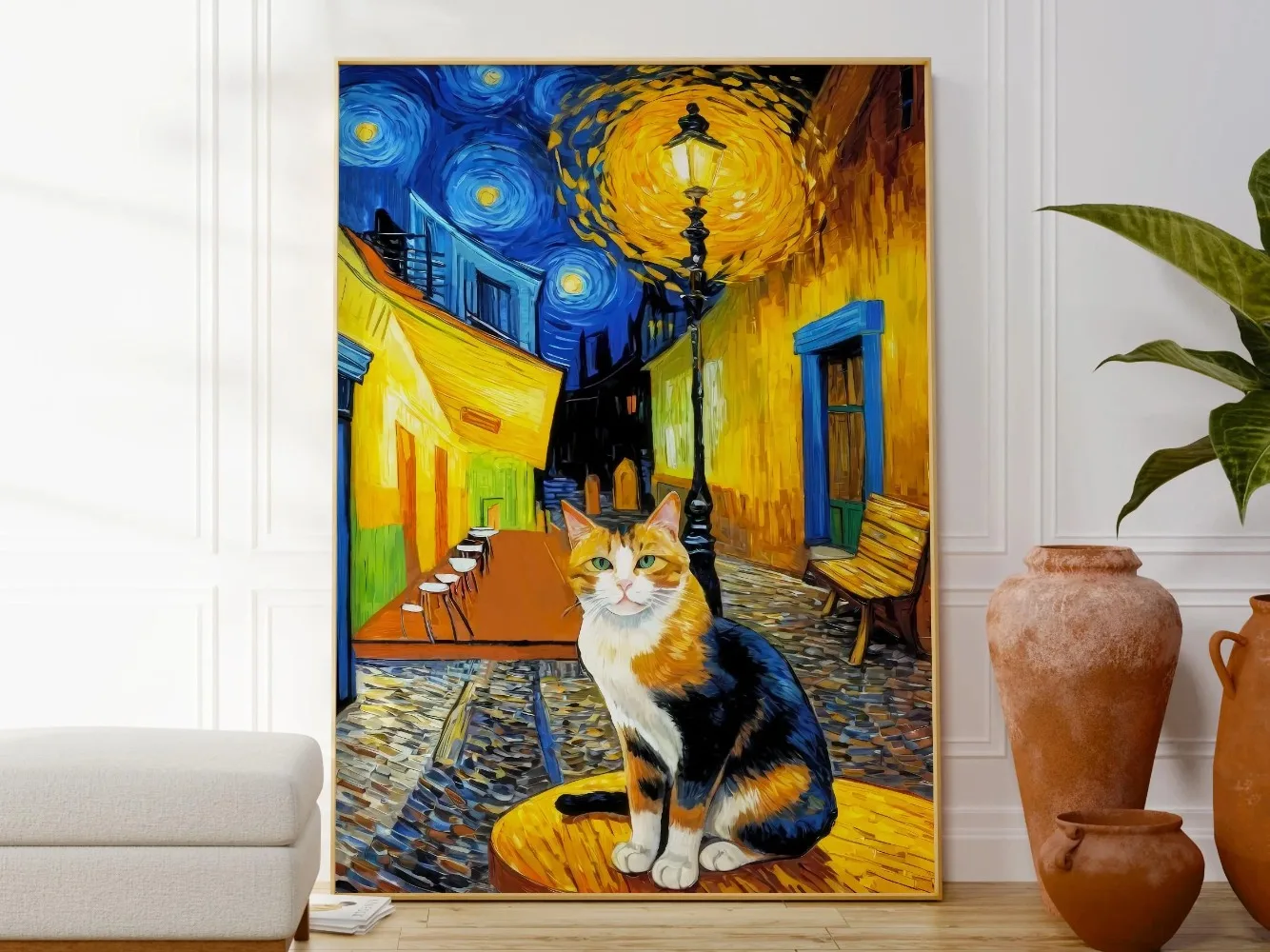 Cafe Terrace at Night With a Cat, Vincent Van Gogh Cat Poster, Animal Wall Art Decor, Pet Lovers Gift, Cat Painting, Art Gift